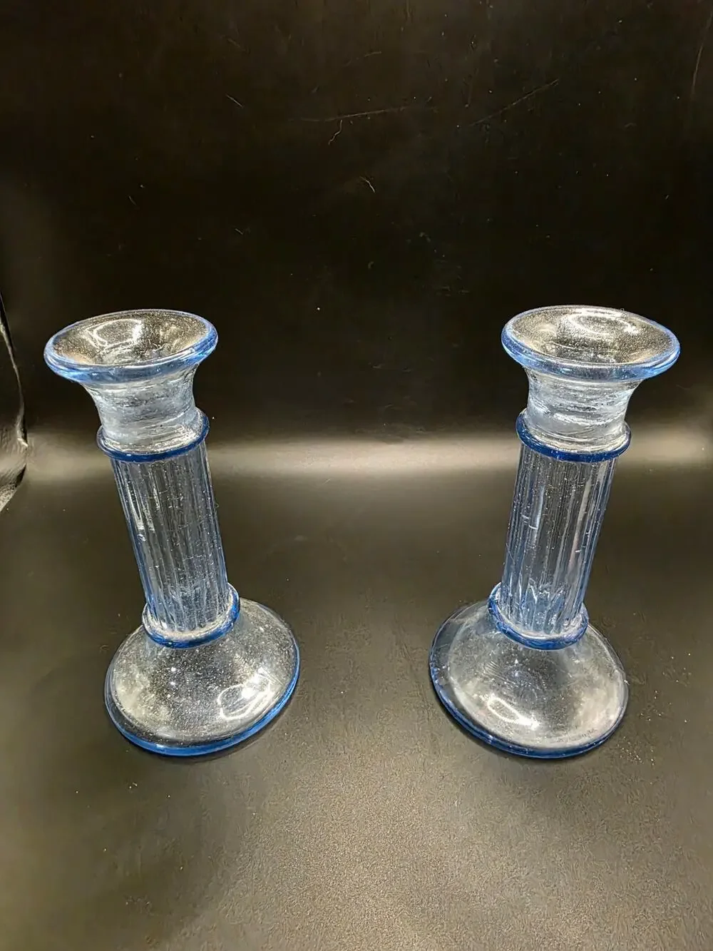 Pair Light Blue Seeded Glass Candlestick Holders Taper Ribbed Column 5.5